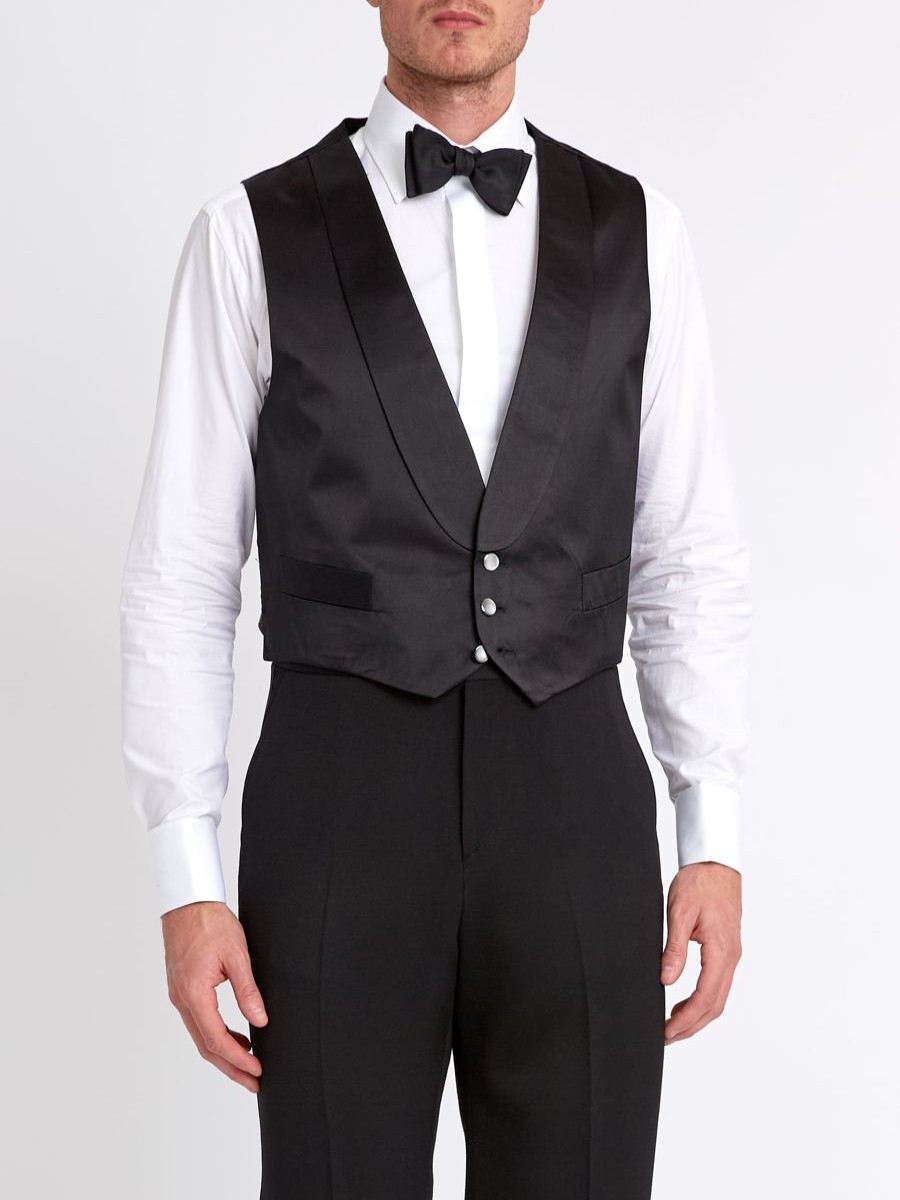 Menswear Favourbrook Waistcoats | Black Duchesse Satin Silk Single Breasted 3 Button Shawl Lapel Waistcoat