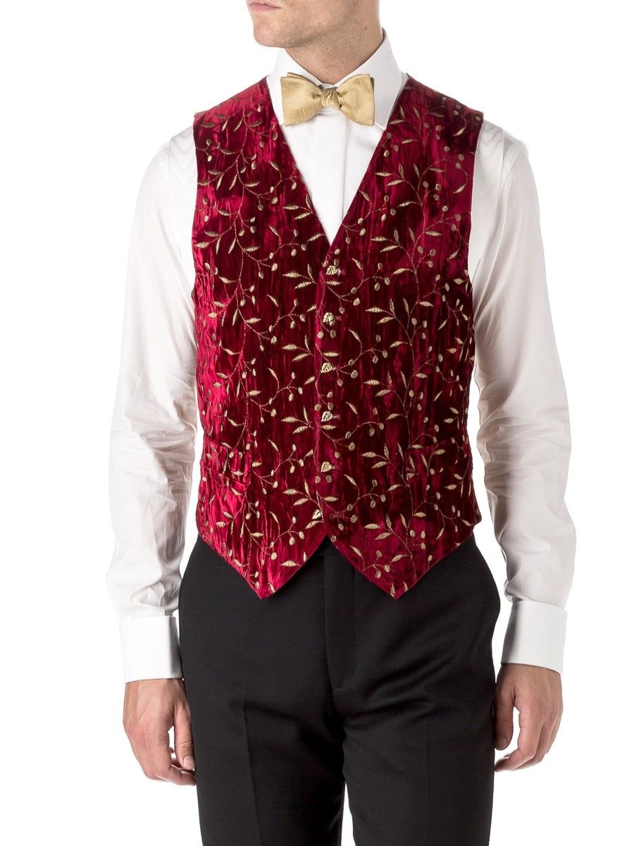 Menswear Favourbrook Waistcoats | Red Lurex Berries Velvet Single Breasted 6 Button Waistcoat