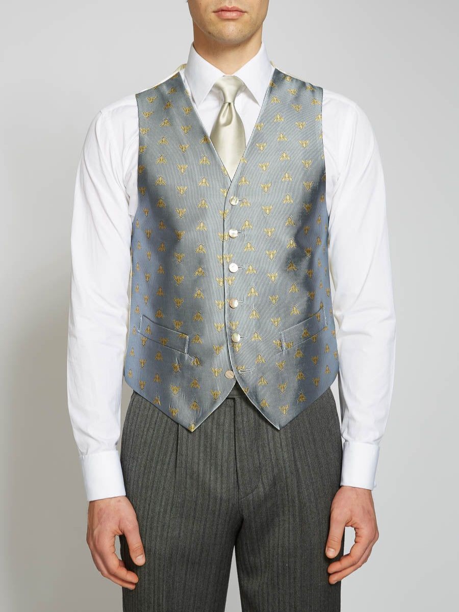 Menswear Favourbrook Waistcoats | Powder Blue Bees Silk Single Breasted 6 Button Waistcoat