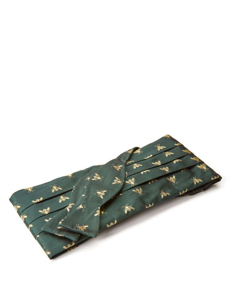 Menswear Favourbrook Bow Ties & Cummerbunds | Green Gold Bees Silk Pleated Cummerbund & Bow Tie Set