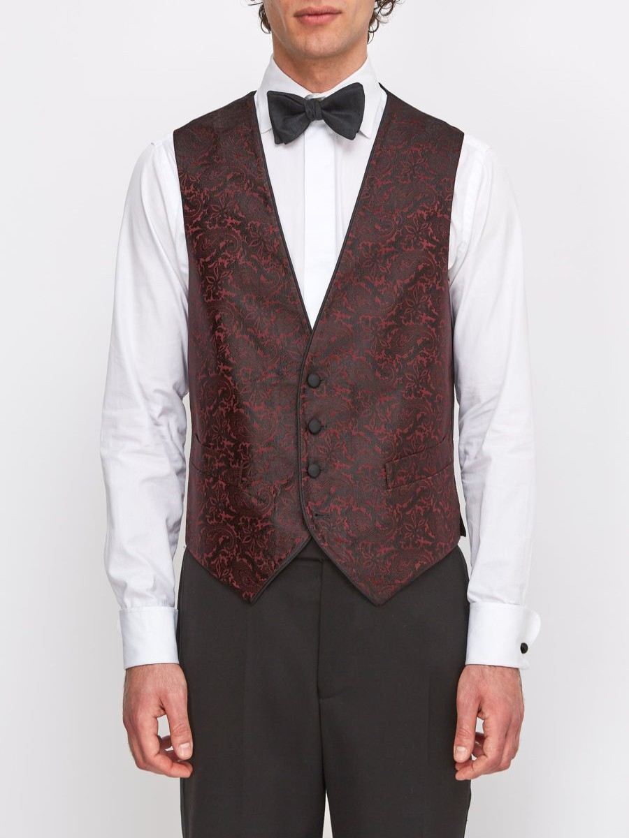 Menswear Favourbrook Waistcoats | Burgundy Albert Silk Single Breasted 4 Button Piped Waistcoat