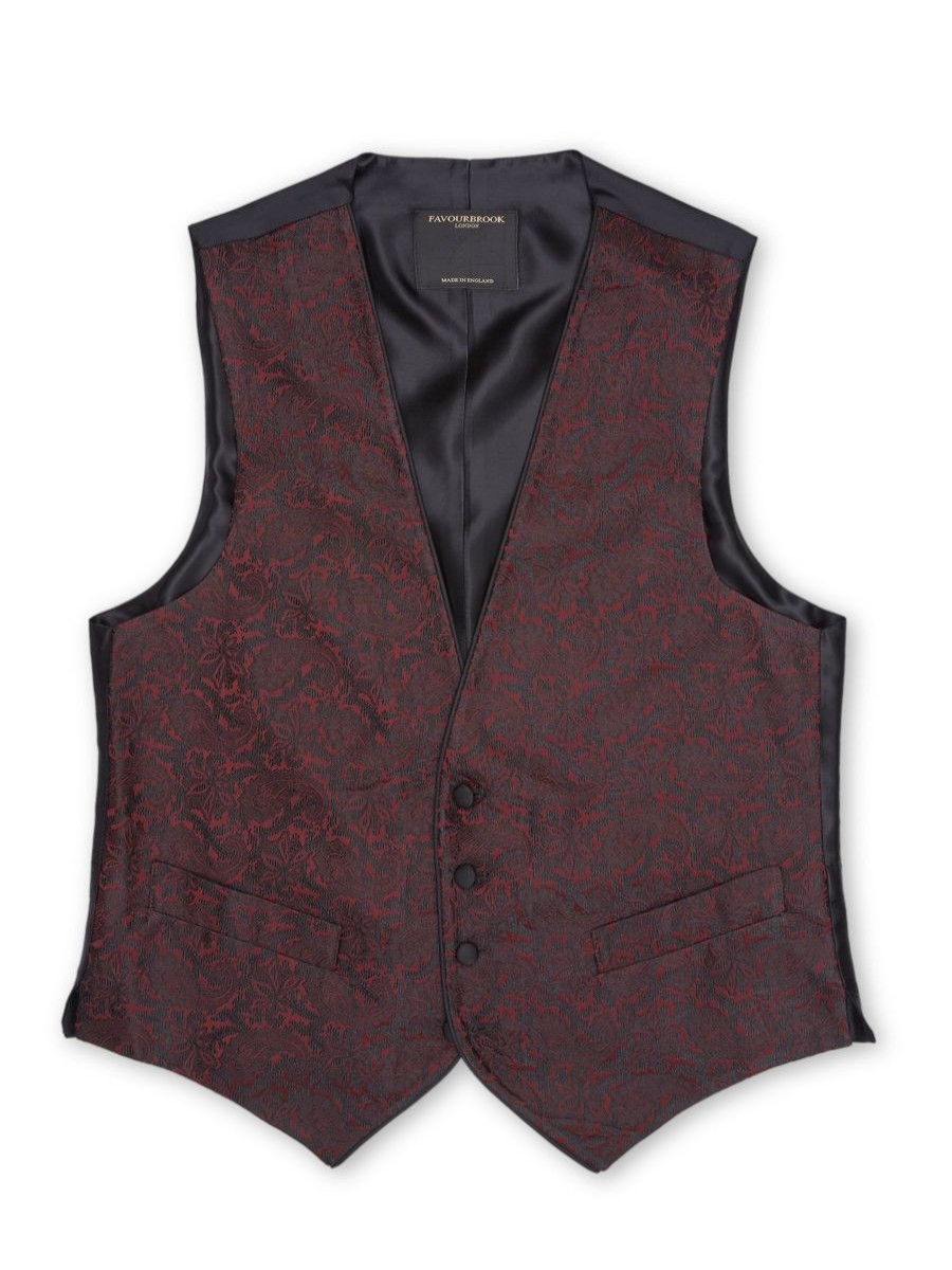 Menswear Favourbrook Waistcoats | Burgundy Albert Silk Single Breasted 4 Button Piped Waistcoat